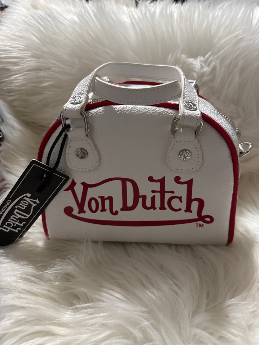 Von Dutch White Mini Dome Satchel with Red Logo Trim